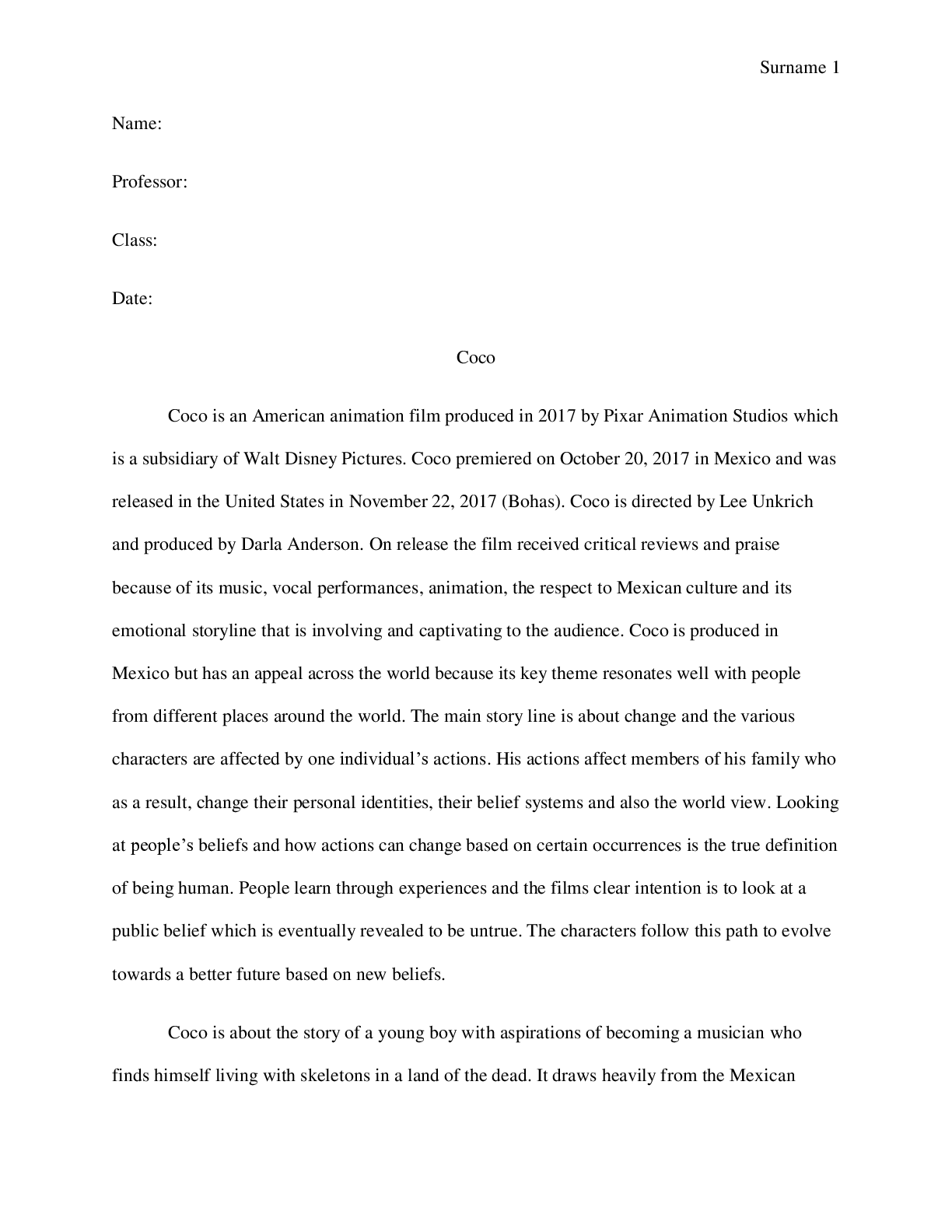 Preview image of Coco Pixar film analysis document